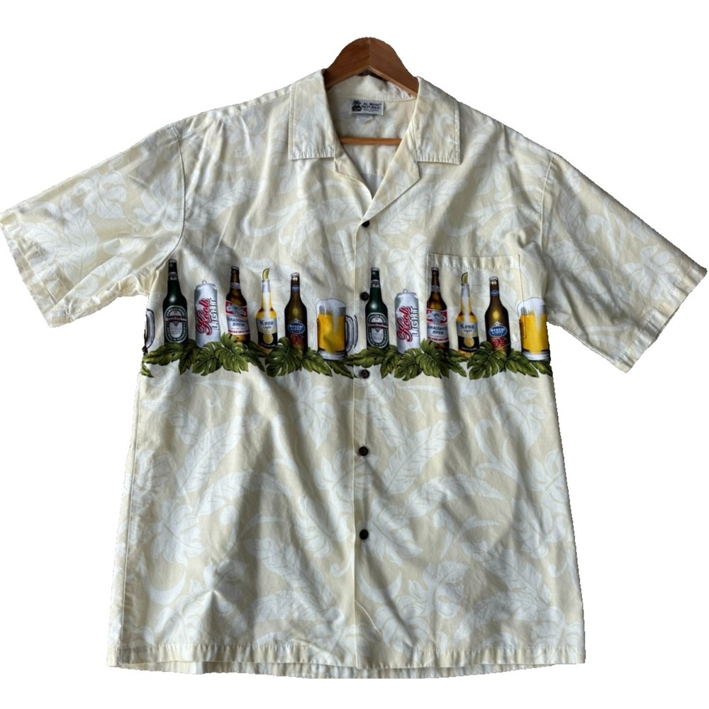 Vintage Aloha Republic Hawaiian Shirt Button XL USA Made 90s Beer Mens Beige NWT